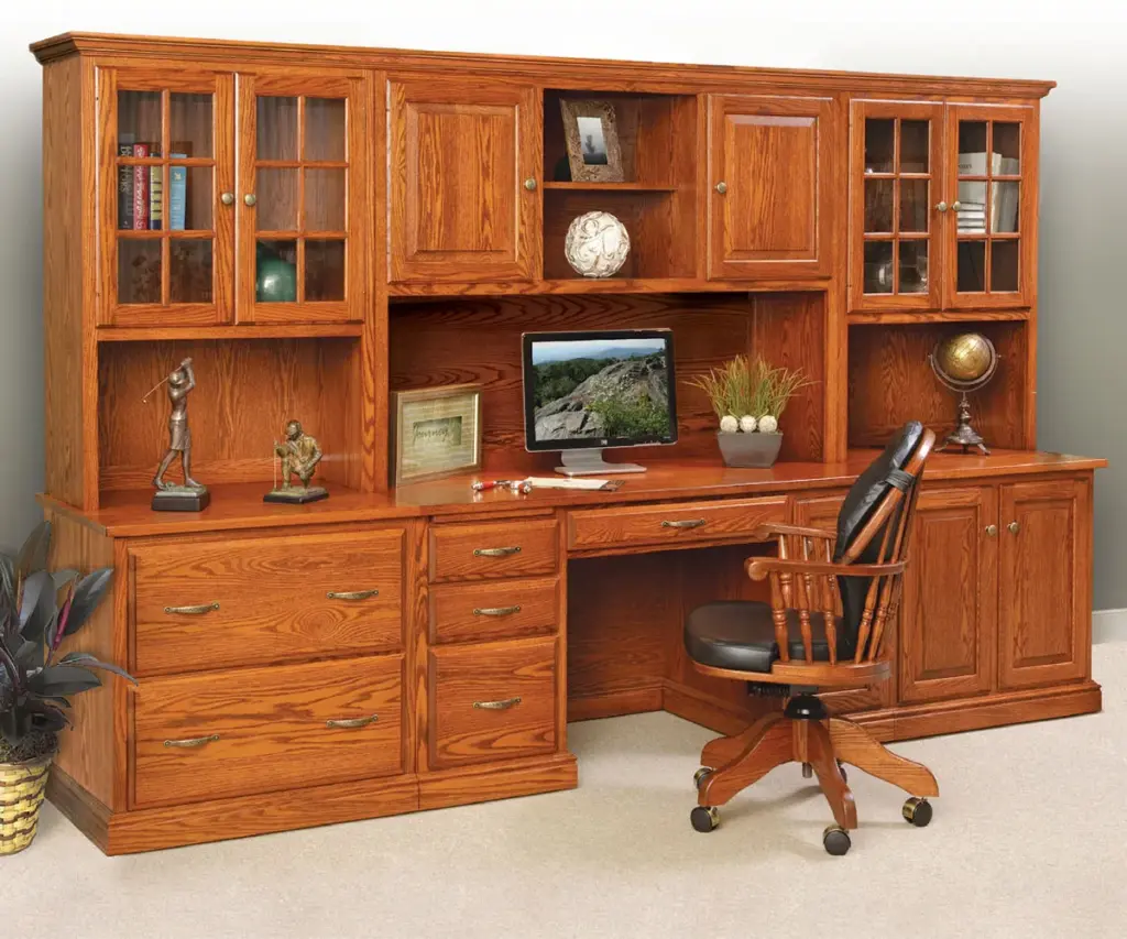 Large wood desk and hutch with drawers, shelves and glass-front cabinets