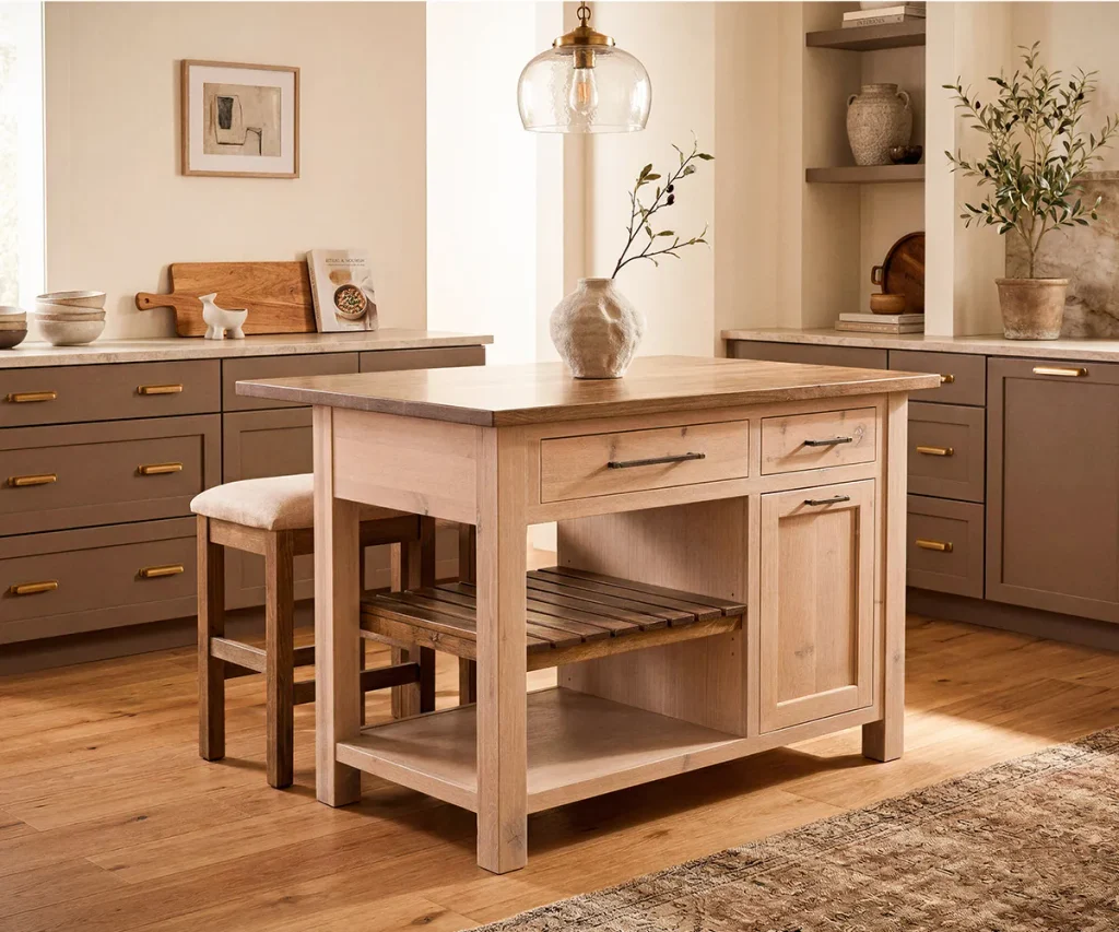 Is solid wood furniture really better? Solid wood kitchen island showcasing natural wood construction and craftsmanship.
