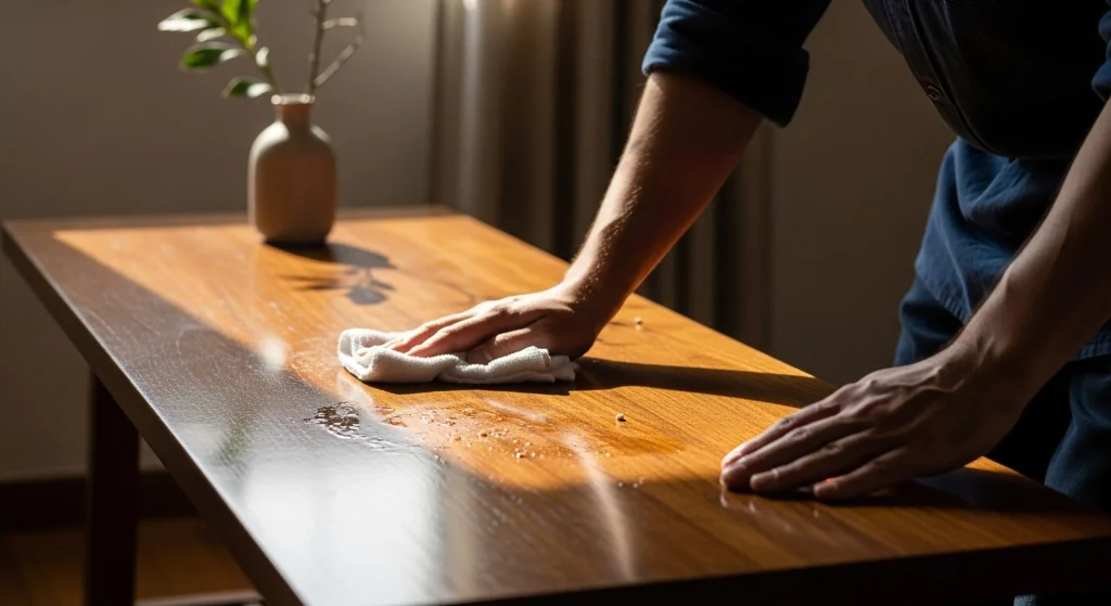 Person cleaning and caring for the surface of a solid wood table.