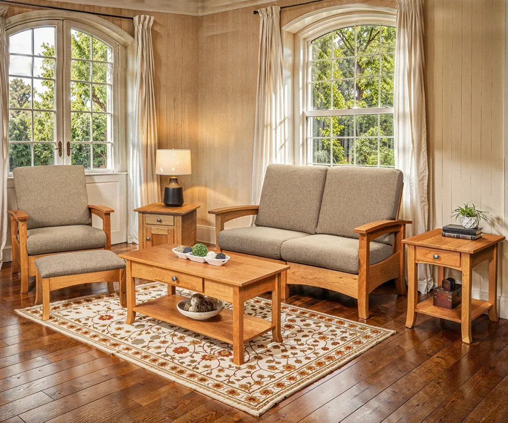Solid wood living room set with an upholstered sofa, chair, coffee table, and end tables.